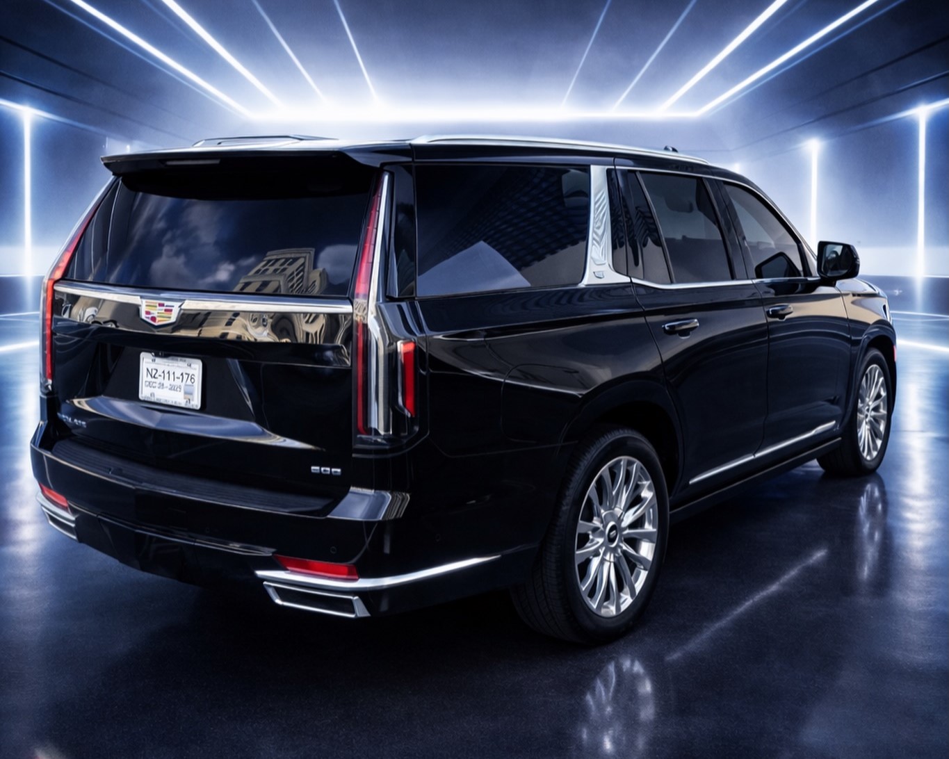 Rear view of a black 7 Star Fleet luxury SUV